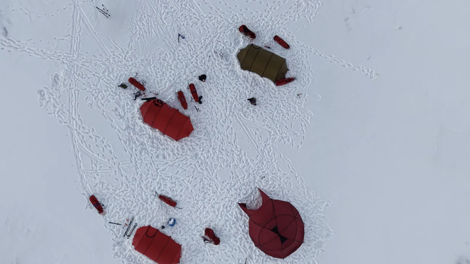 Looking straight down on camp from the drone, up in the high passes